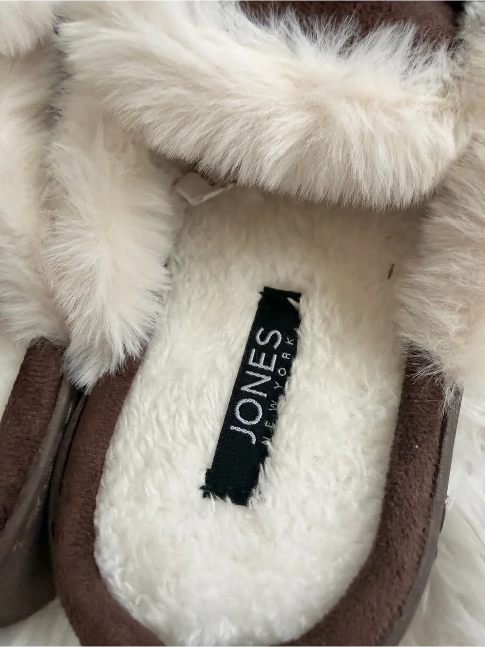 Jones New York Brown Suede-Look Slip-On Slippers with Cream Fur